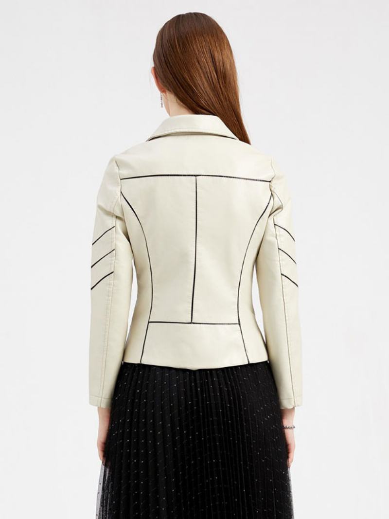 Faux Leather Moto Jacket Ecru White Pu Δίχρωμο Με Φερμουάρ Πέτο Άνοιξη Φθινοπωρινό Field Biker Εξωτερικά Ενδύματα Για Γυναίκες - Μπεζ