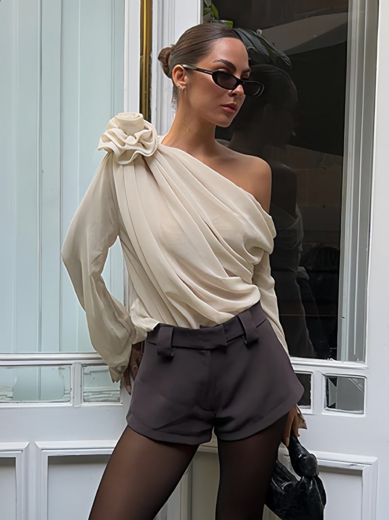 One Shoulder Tees Πλισέ Ασύμμετρο Πουκάμισο Για Γυναίκες