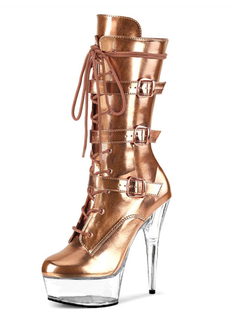 Pole Dance Παπούτσια Γυναικεία Σέξι Πλατφόρμα Lace Up Πόρπες Μποτάκια Εξωτικά Τακούνι Σε Μαύρο Vegan Δέρμα - Χρυσό