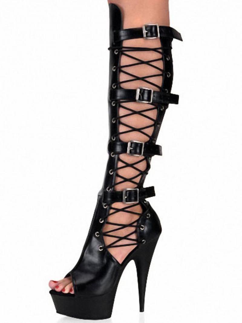 Pole Dance Παπούτσια Μαύρες Σέξι Γυναικείες Μπότες Peep Toe Πλατφόρμα Με Λεπτομέρεια Πόρπης Ψηλοτάκουνες Stripper