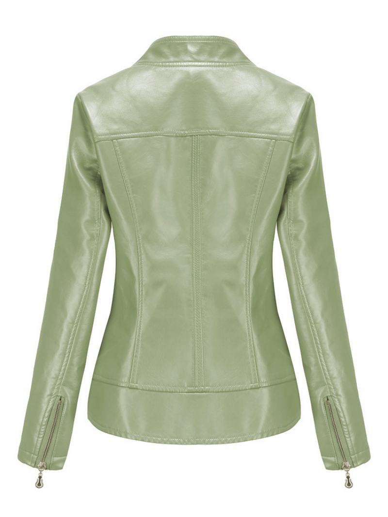 Pu Δερμάτινο Moto Jacket Zip Up Spring Biker Outerwear Για Γυναίκες - Φασκόμηλο