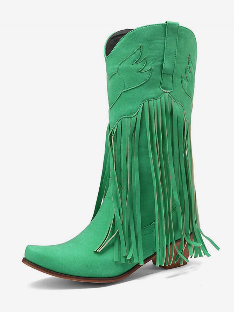 Suede Pink Western Boots Γυναικείες Μπότες Cowgirl Με Μυτερή Φούντα - Πράσινο