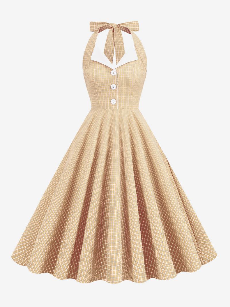 Vintage Φόρεμα 1950s Audrey Hepburn Style Halter Buttons Αμάνικο Γυναικείο Μεσαίο Καρό Rockabilly - Ανοιχτό Κίτρινο