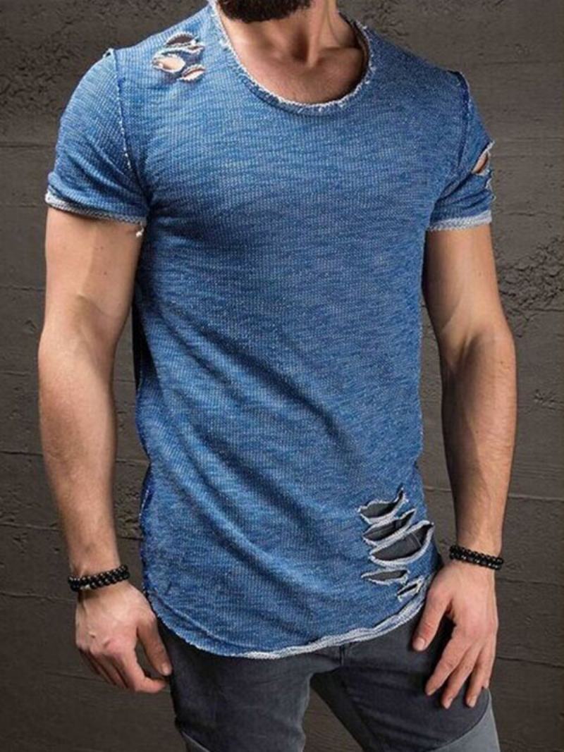 Ανδρικά T-shirts Casual Jewel Neck Κοντά Μανίκια - Μπλε