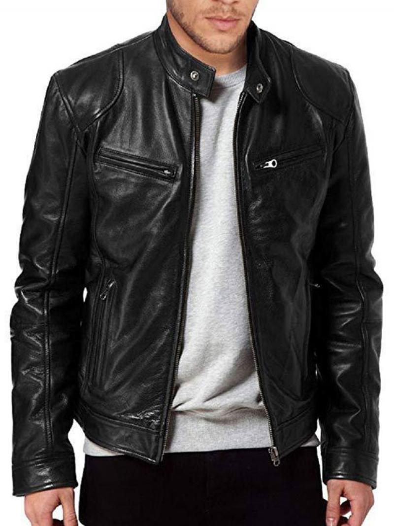 Ανδρικά Δερμάτινα Μπουφάν Pu Windbreaker Μαύρα Smart Cool Χειμερινά Παλτό
