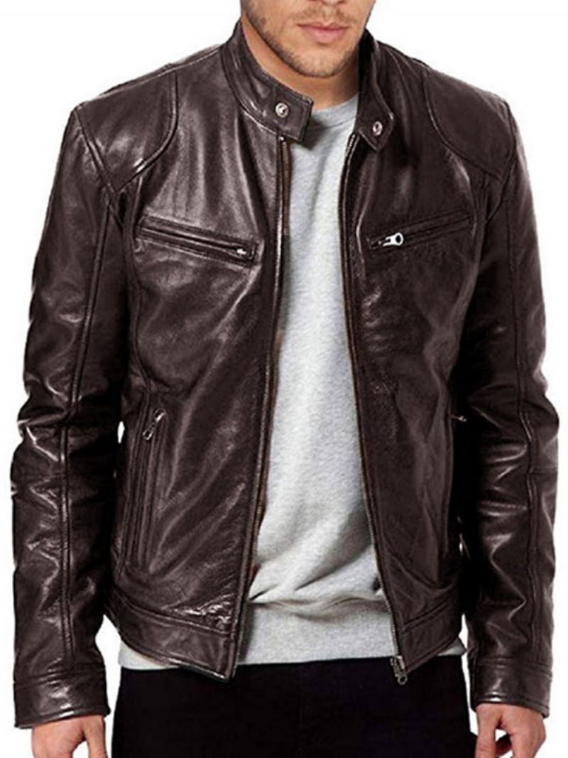 Ανδρικά Δερμάτινα Μπουφάν Pu Windbreaker Μαύρα Smart Cool Χειμερινά Παλτό - Καφέ Καφέ