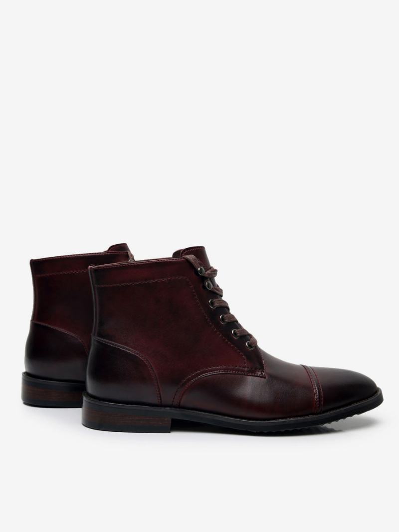Ανδρικές Μπότες Εργασίας Cowhide Round Toe Combat Boots - Βουργουνδία