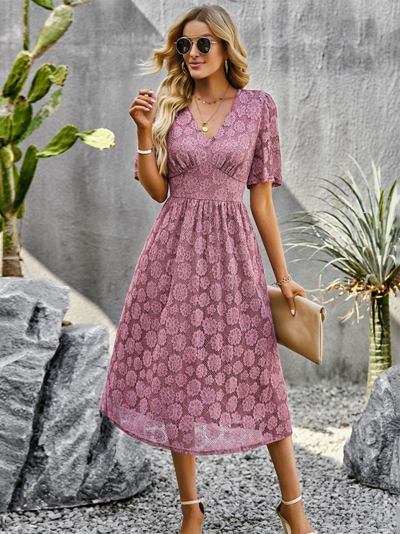 Γυναικεία Layered Casual Δαντελένια Φορέματα Με Κοντό Μανίκι V-λαιμόκοψη - Ροζ