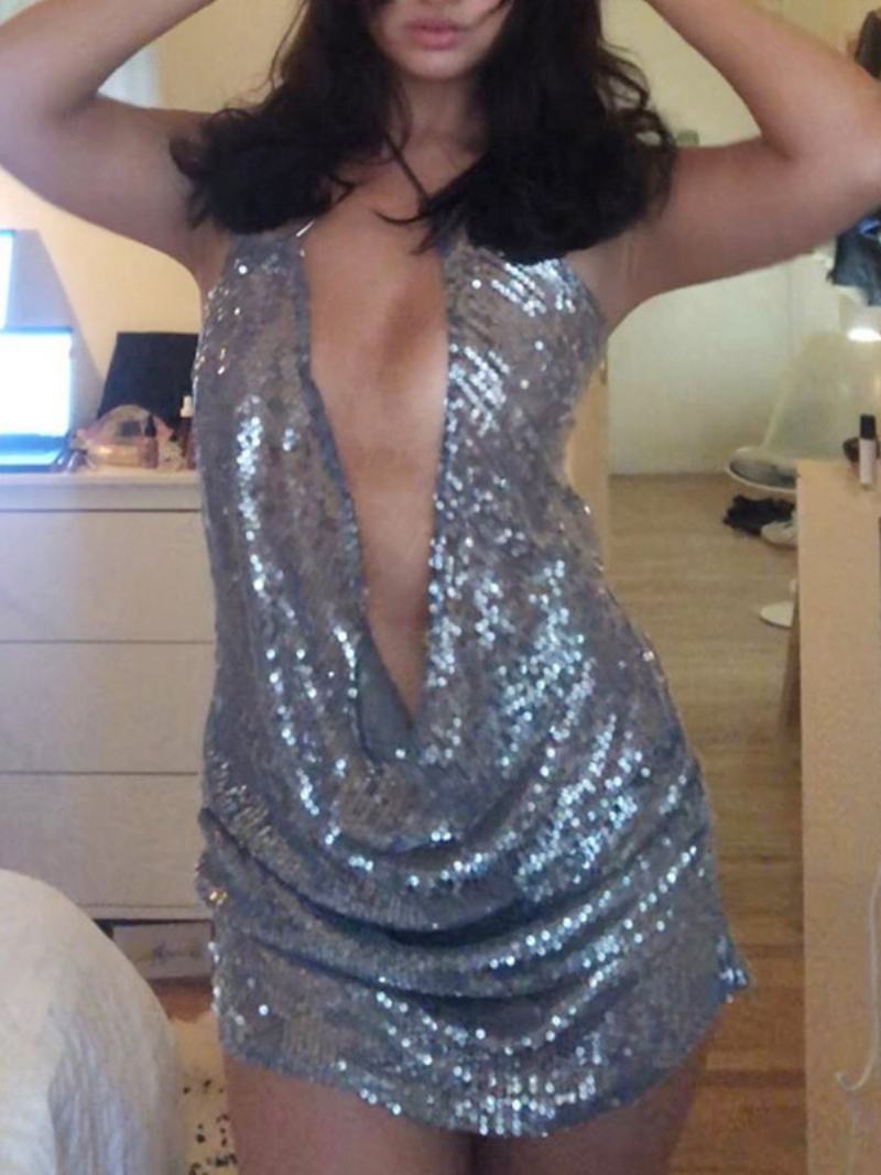 Γυναικεία Ultra Sexy Culb Wear Deep V Ασύμμετρα Μίνι Φορέματα Με Παγιέτες - Ασήμι