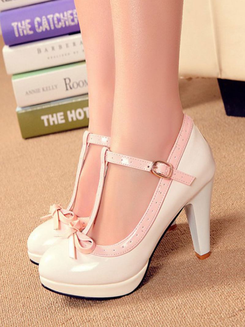Γυναικεία Vintage Παπούτσια White Kitten Heel T Strap