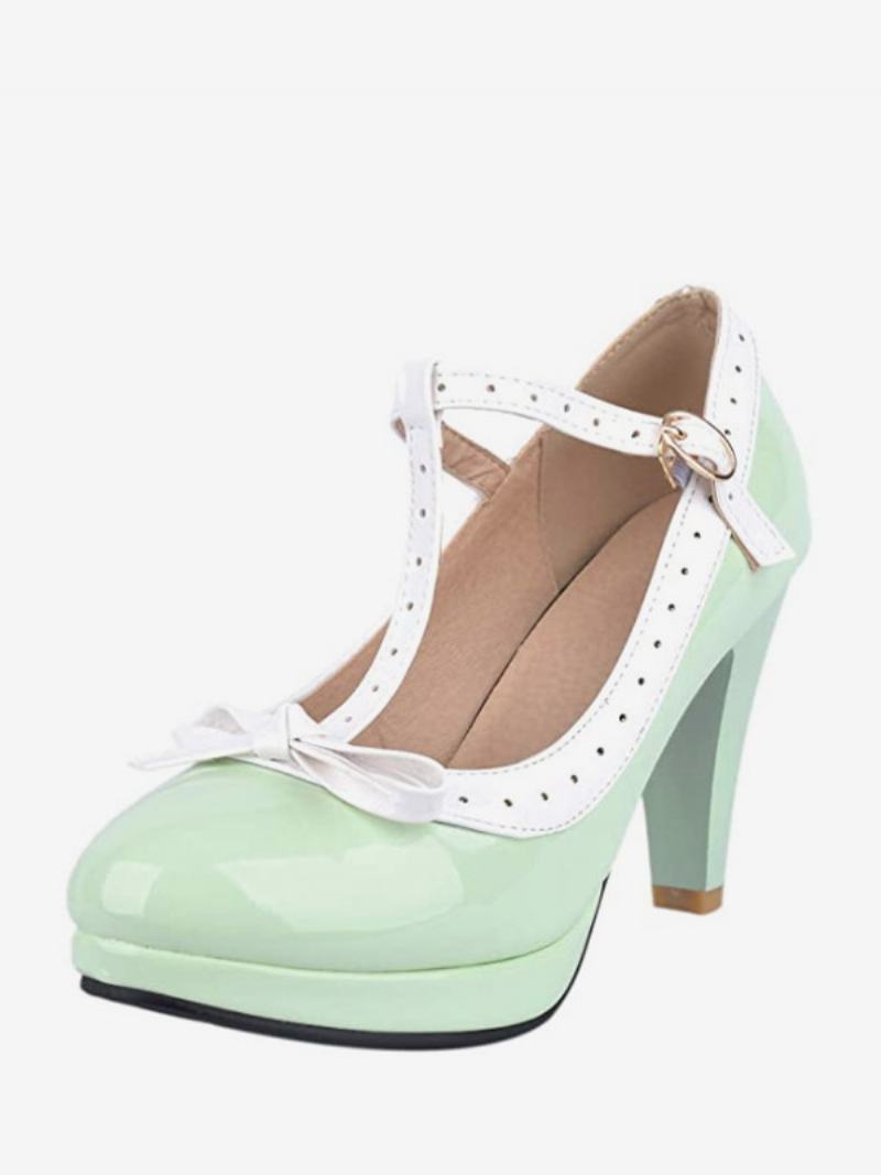 Γυναικεία Vintage Παπούτσια White Kitten Heel T Strap - Ανοιχτό Πράσινο