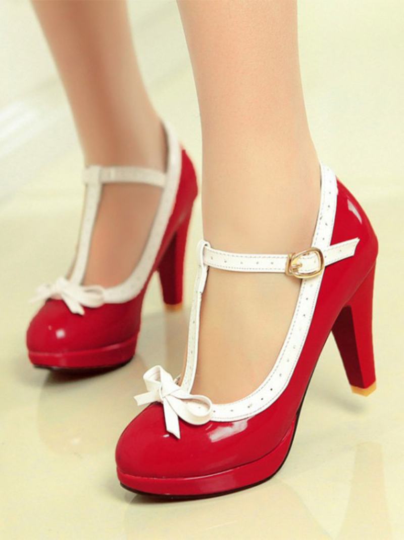 Γυναικεία Vintage Παπούτσια White Kitten Heel T Strap - Κόκκινο