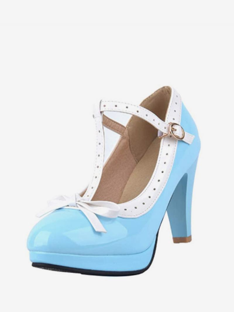 Γυναικεία Vintage Παπούτσια White Kitten Heel T Strap - Ανοικτό Μπλε Του Ουρανού