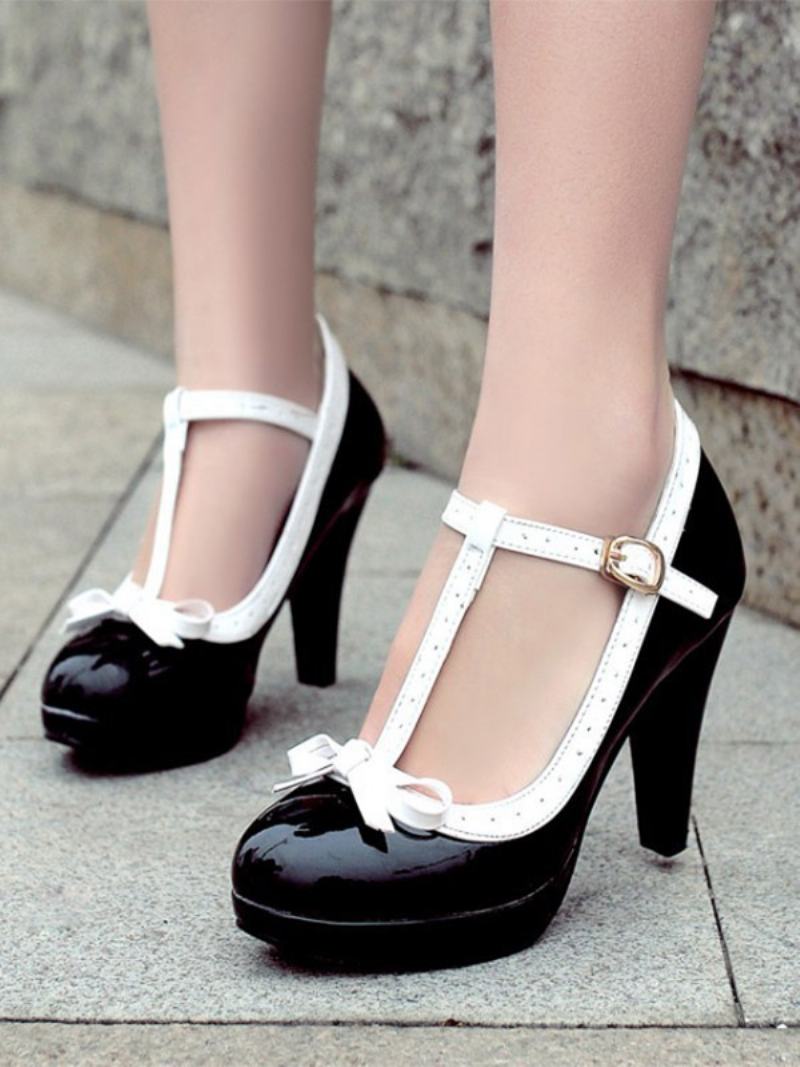 Γυναικεία Vintage Παπούτσια White Kitten Heel T Strap - Μαύρο