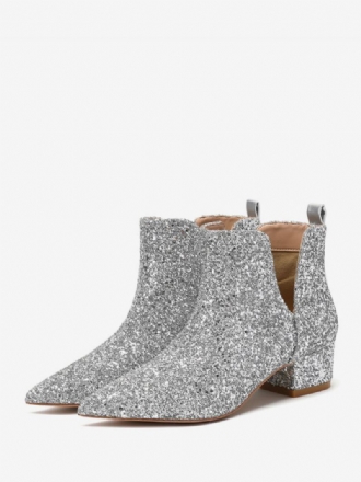 Γυναικεία Ασημένια Νυφικά Παπούτσια Square Toe Glitter Block Heel Boots