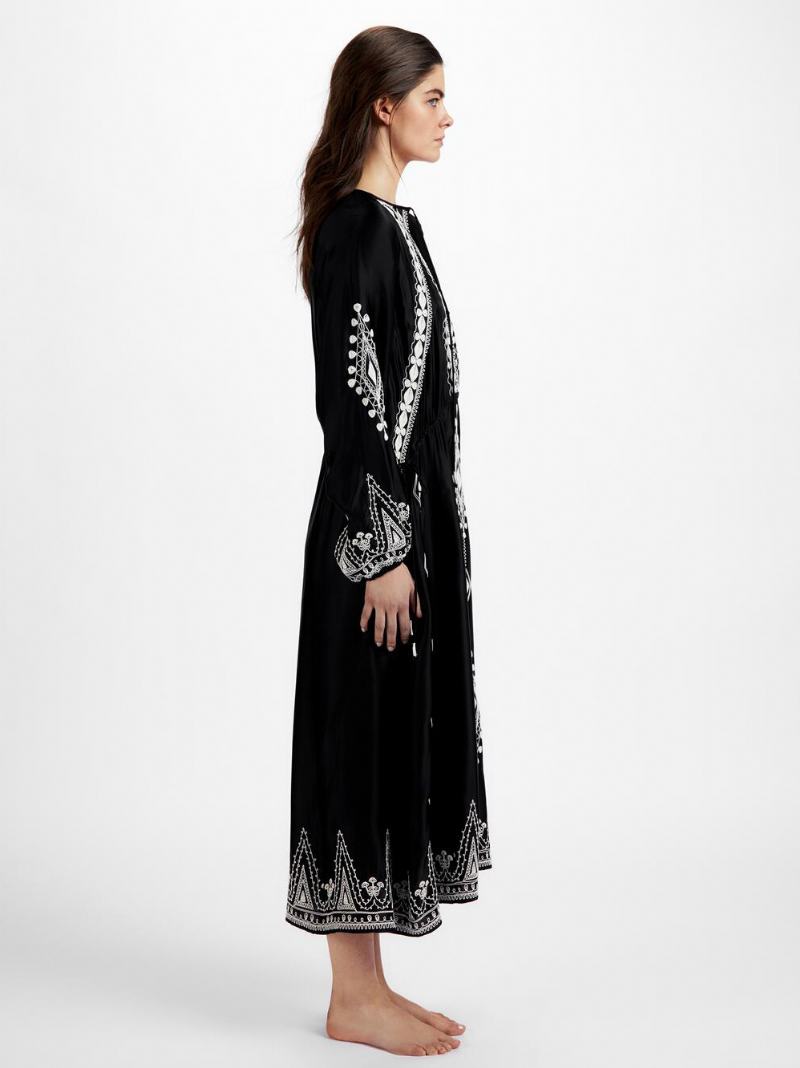 Γυναικεία Καθημερινά Casual Μάξι Φορέματα Geo Printed Boho Με Δαντέλα Στρογγυλή Λαιμόκοψη - Μαύρος