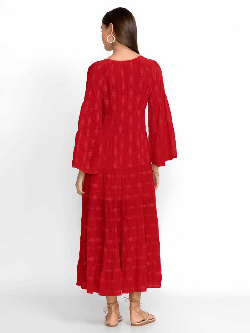 Γυναικεία Κουμπιά Φόρεμα Boho Παραλίας Με Λαιμόκοψη 3/4 Μήκους - Το Κόκκινο