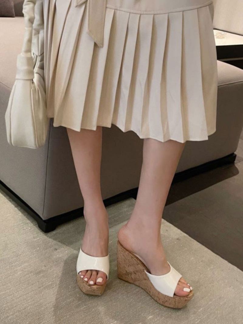 Γυναικεία Μαύρα Mules Peep Toe Wedge Heel Patent Pu Καλοκαιρινή Παντόφλα Φτέρνας - Λευκό