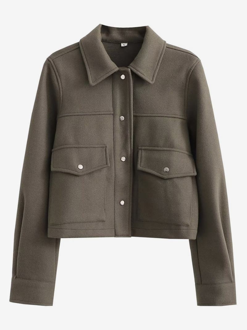 Γυναικεία Μπουφάν Crop Jacket Με Μακρυμάνικο Γιακά Κουμπιά - Hunter Green