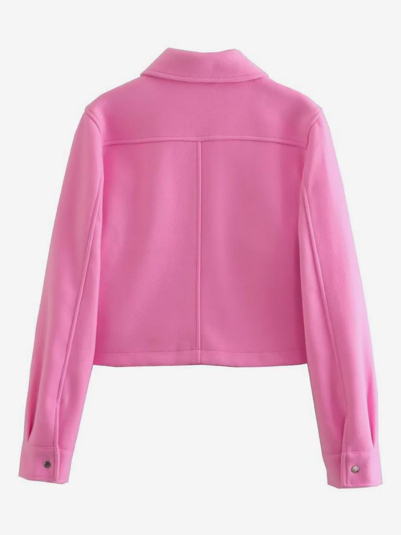Γυναικεία Μπουφάν Crop Jacket Με Μακρυμάνικο Γιακά Κουμπιά - Ροζ
