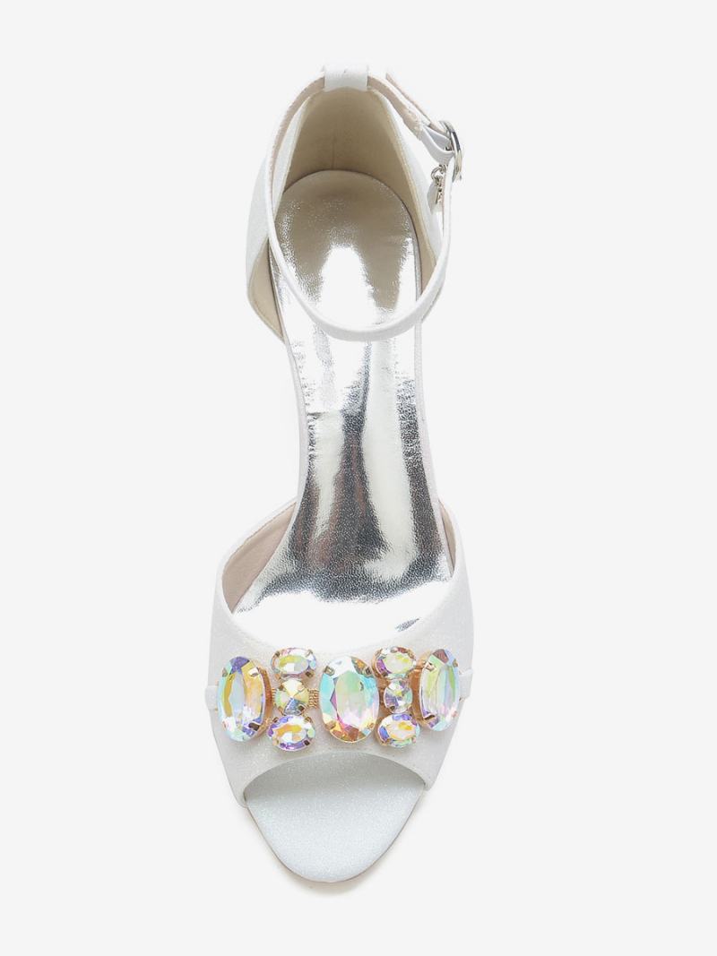 Γυναικεία Νυφικά Παπούτσια Με Παγιέτες Peep Toe Στρας Χοντρό Τακούνι - Λευκό
