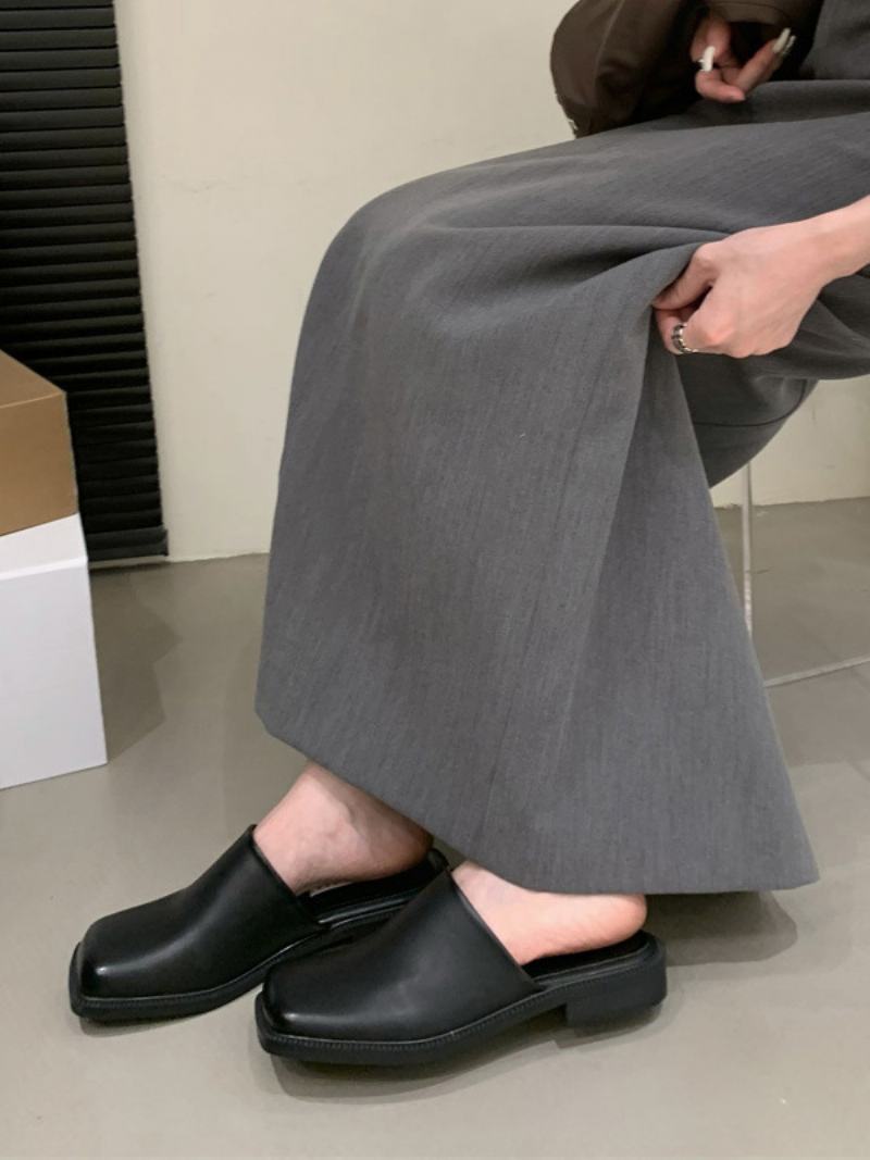 Γυναικεία Παπούτσια White Mule Square Toe Puppy Heel - Μαύρο