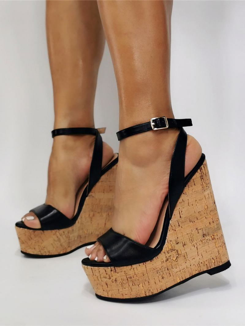 Γυναικεία Σέξι Πέδιλα Wedges Λευκά Slingback Πλατφόρμα Αστραγάλου Strap Wedge Σανδάλια - Μαύρο