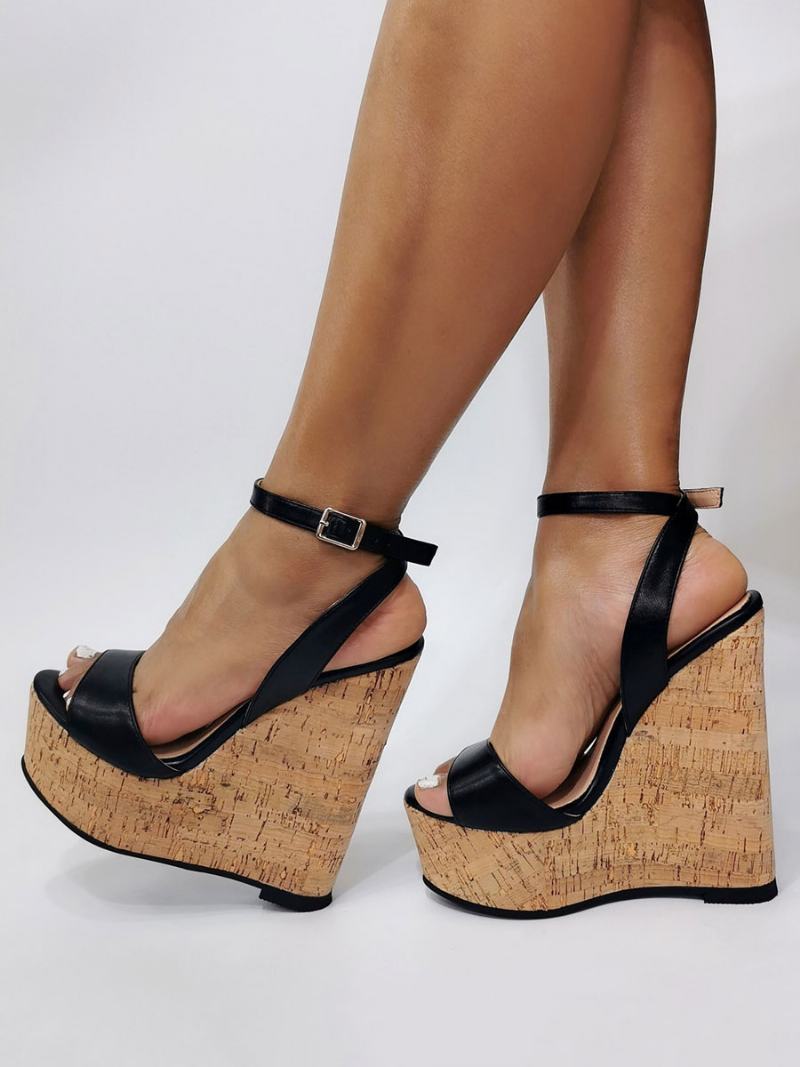 Γυναικεία Σέξι Πέδιλα Wedges Λευκά Slingback Πλατφόρμα Αστραγάλου Strap Wedge Σανδάλια - Μαύρο