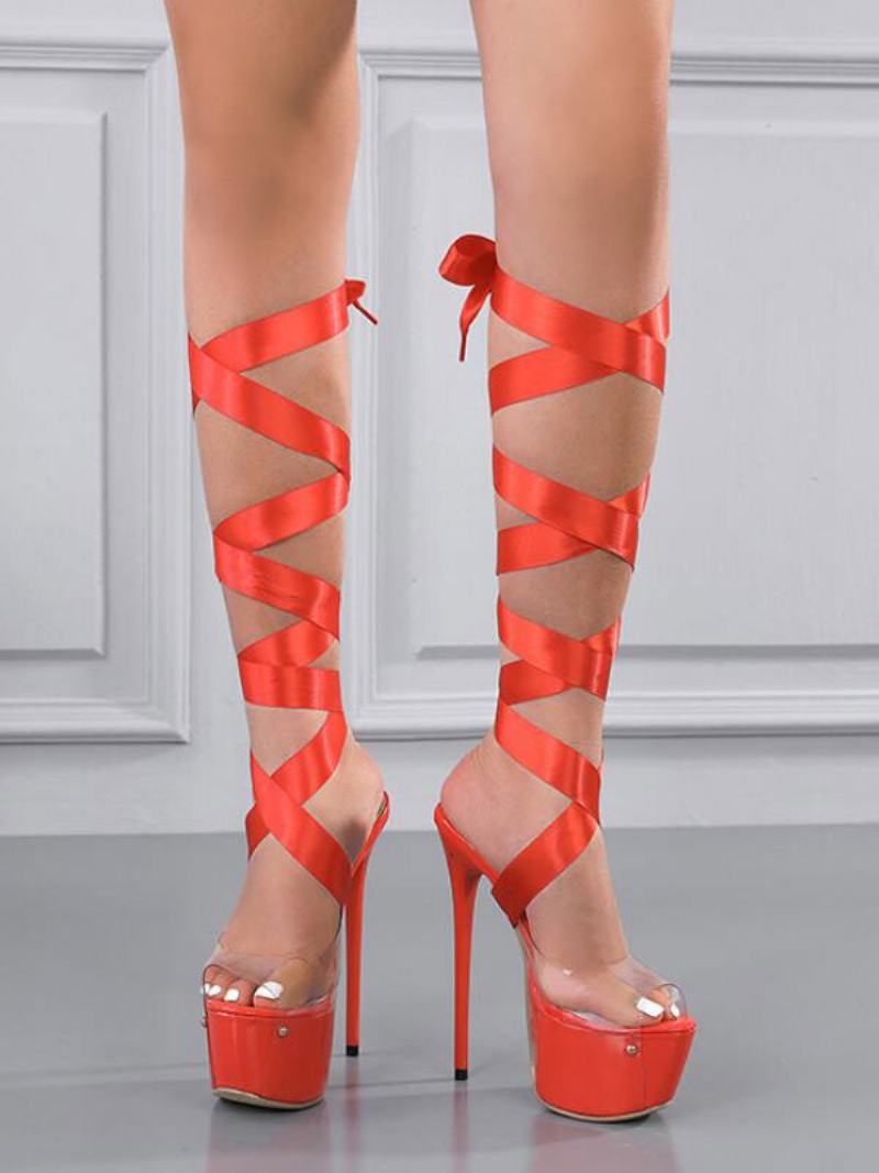 Γυναικεία Σέξι Πέδιλα Με Γόβες Strappy Platform - Κόκκινο