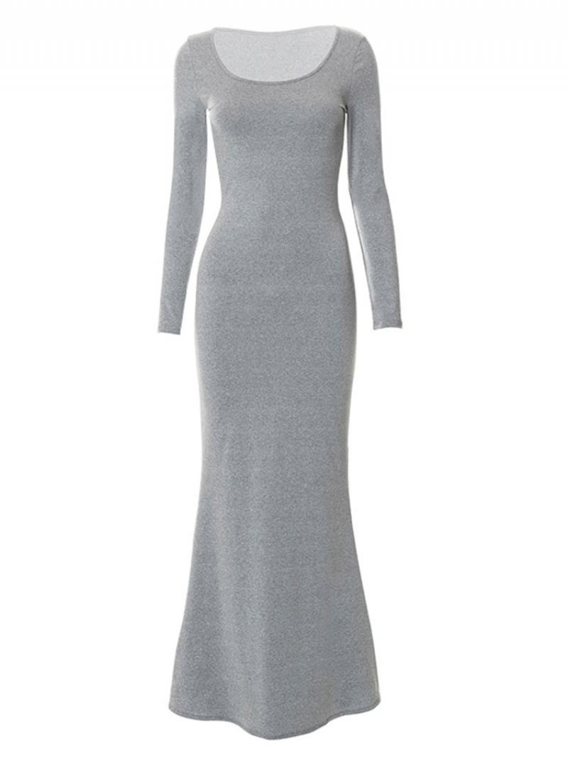 Γυναικεία Φορέματα Bodycon Μαύρο Μολύβι Με Λαιμόκοψη Casual Μακρυμάνικο - Γκρι