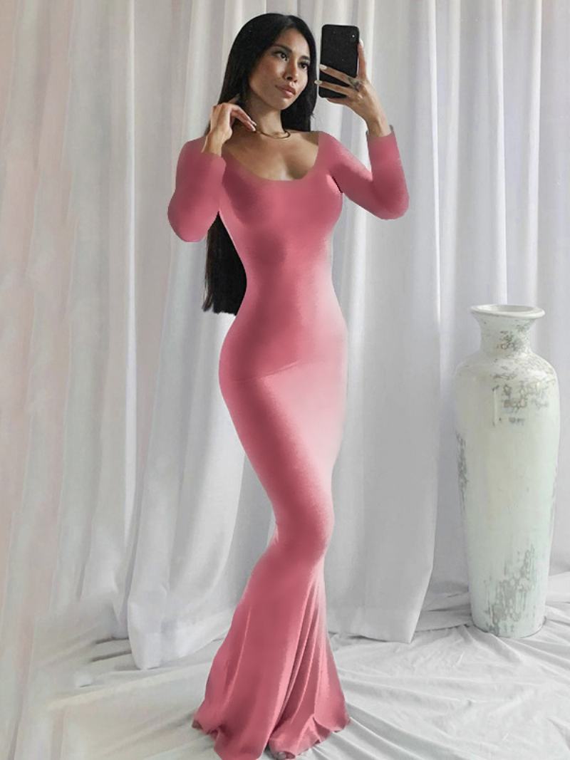 Γυναικεία Φορέματα Bodycon Μαύρο Μολύβι Με Λαιμόκοψη Casual Μακρυμάνικο - Ροζ