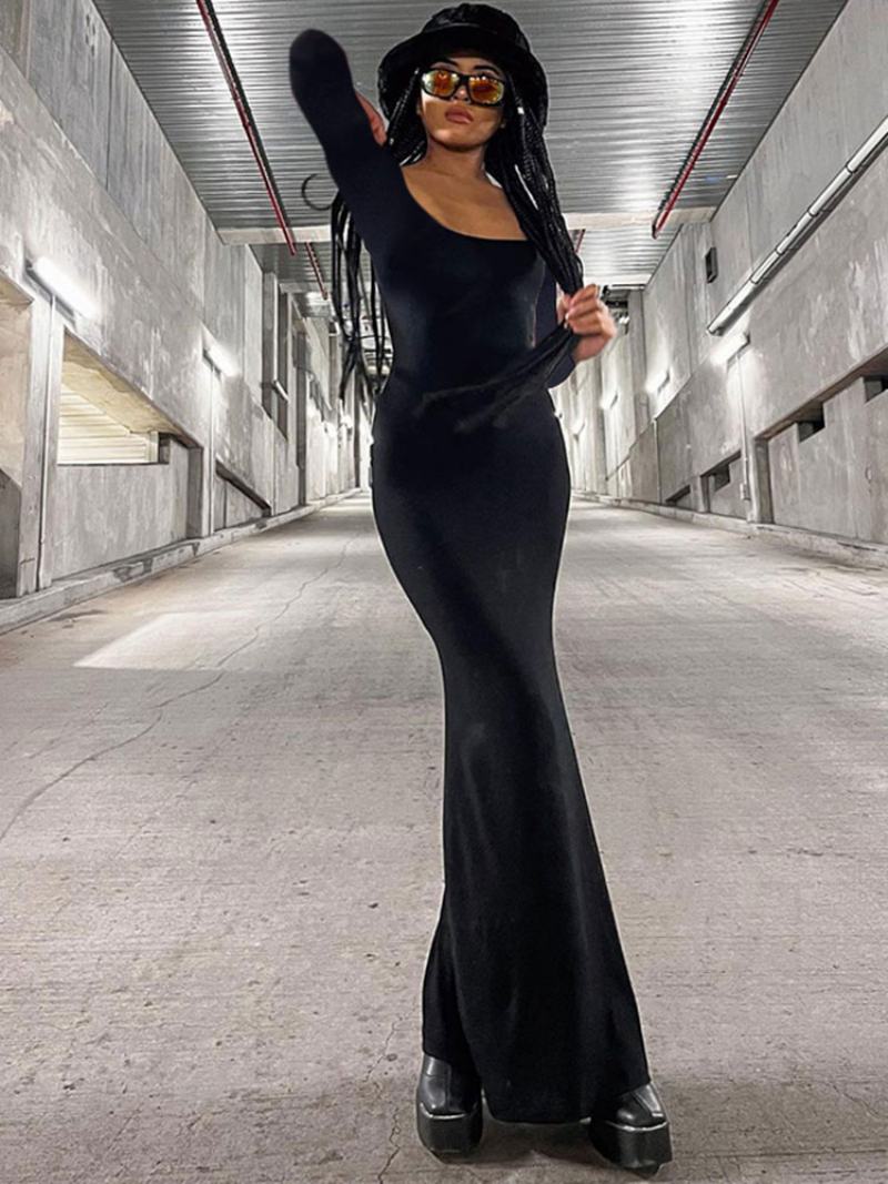 Γυναικεία Φορέματα Bodycon Μαύρο Μολύβι Με Λαιμόκοψη Casual Μακρυμάνικο - Μαύρο