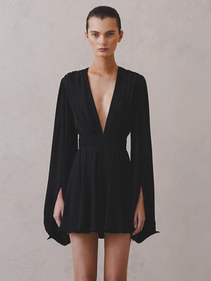 Γυναικεία Φορέματα Skater Σέξι Μίνι Plunge Pleated Batwing - Μαύρο