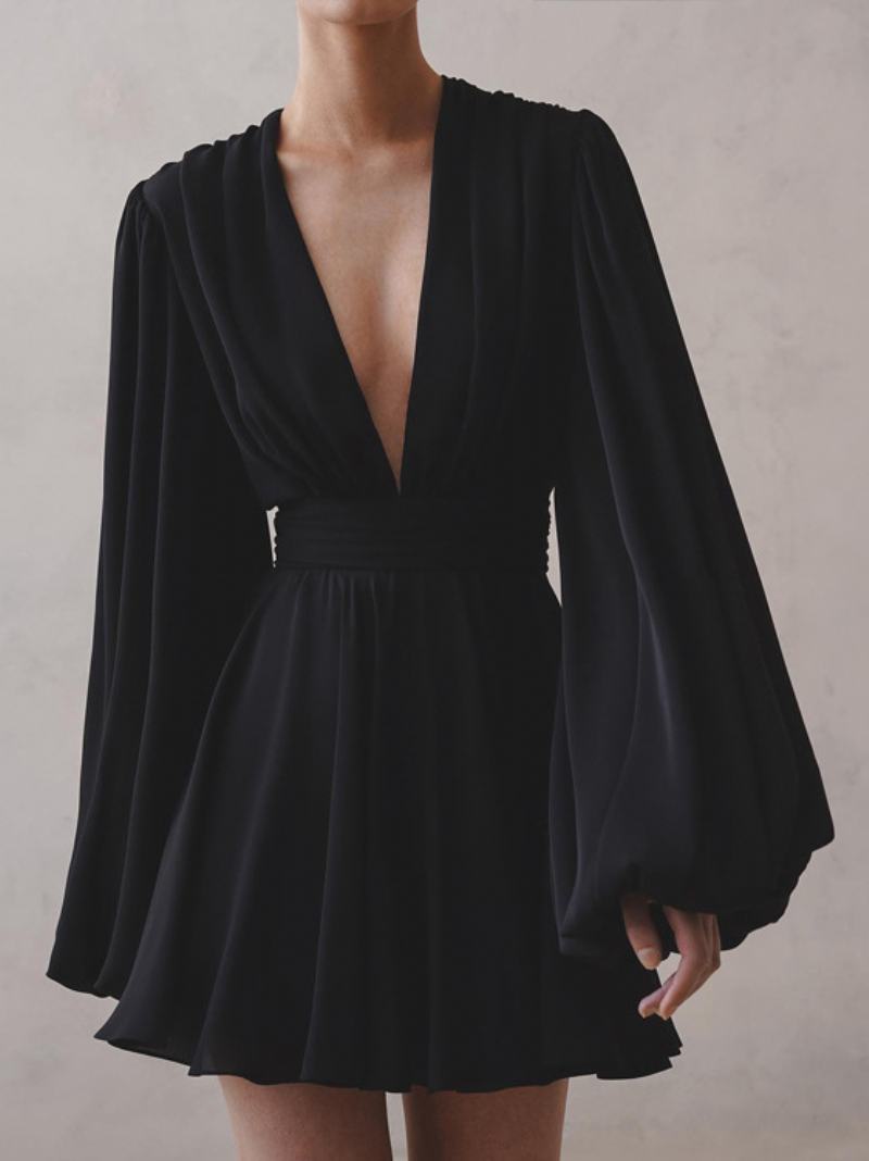 Γυναικεία Φορέματα Skater Σέξι Μίνι Plunge Pleated Batwing - Μαύρο
