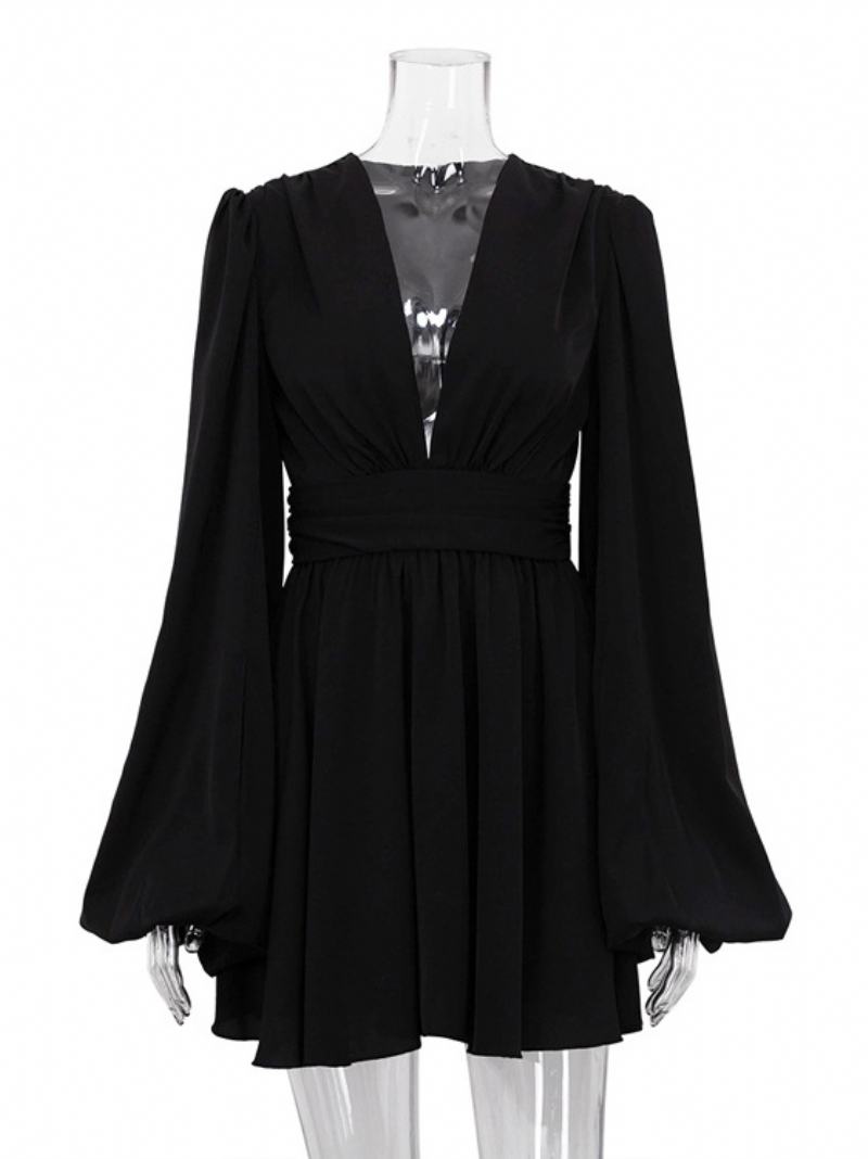 Γυναικεία Φορέματα Skater Σέξι Μίνι Plunge Pleated Batwing - Μαύρο