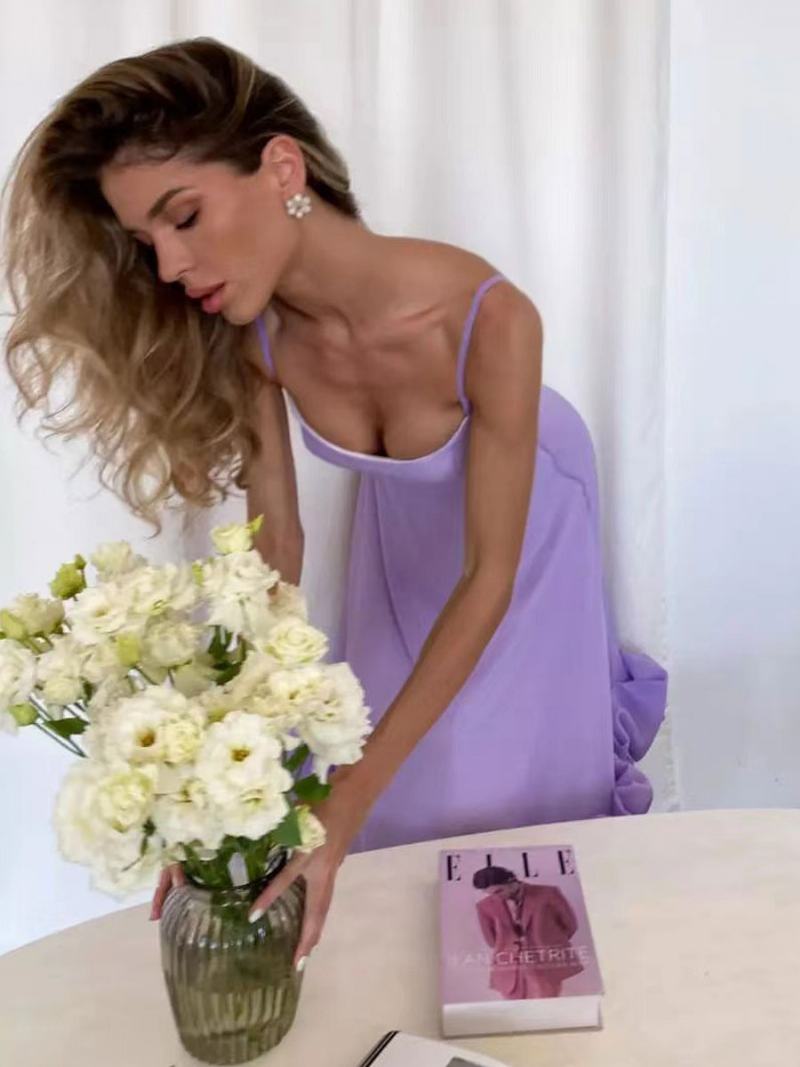 Γυναικεία Φορέματα Για Πάρτι Λιλά Λουράκια Λαιμό Πλισέ Αμάνικο Μάξι Φόρεμα - Λιλά