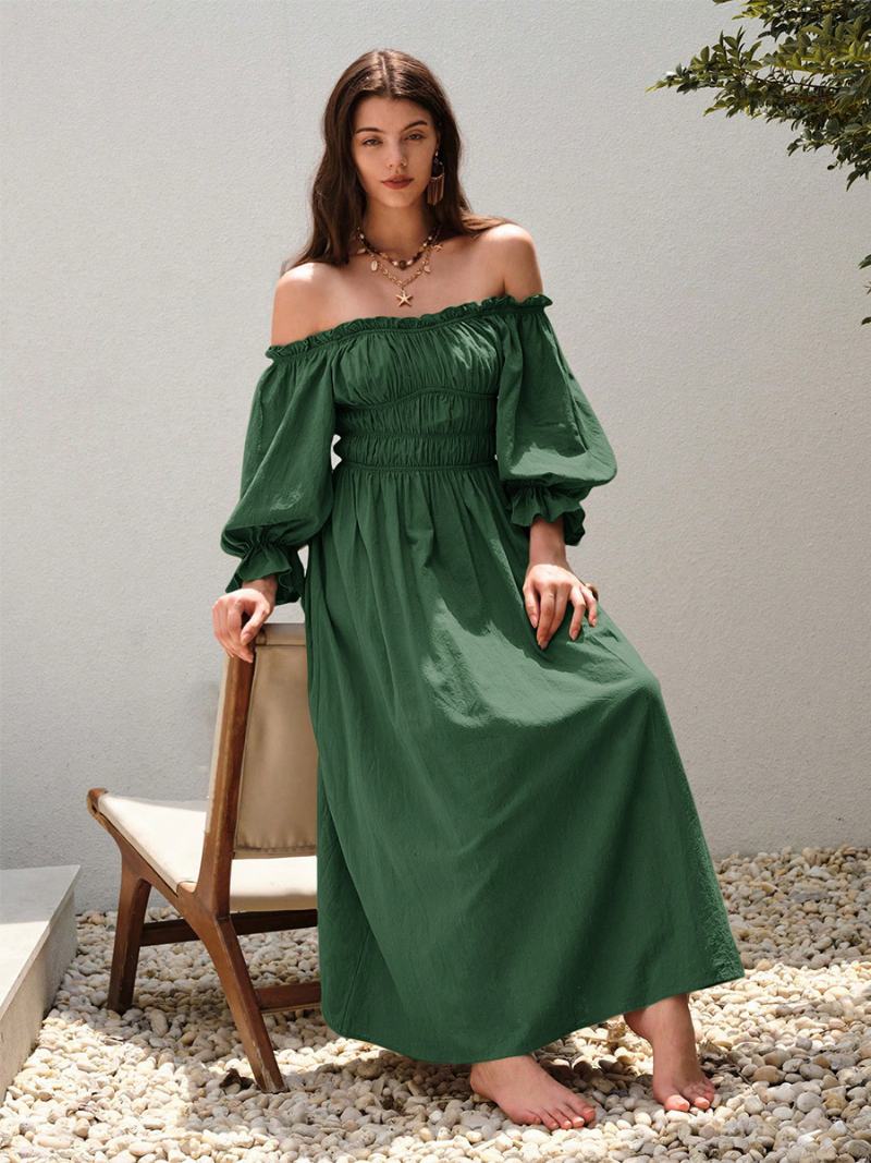 Γυναικεία Φόρεμα Off The Shoulder Πλισέ Καθημερινά Casual Μάξι Φορέματα Σε Πράσινο Χρώμα - Πράσινος