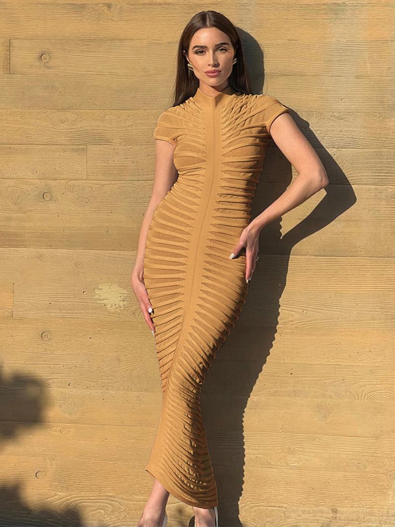 Γυναικεία Φόρεμα See Through Bodycon Με Κοντό Μανίκι Ruched Night Out Maxi Φορέματα - Camel