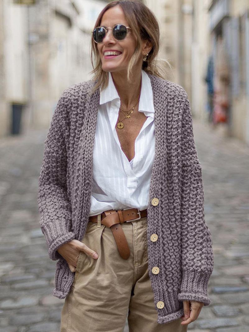 Γυναικείες Ζακέτες Cable Drop Shoulder Front Buttons Fall Spring Cardigan - Λεβάντα