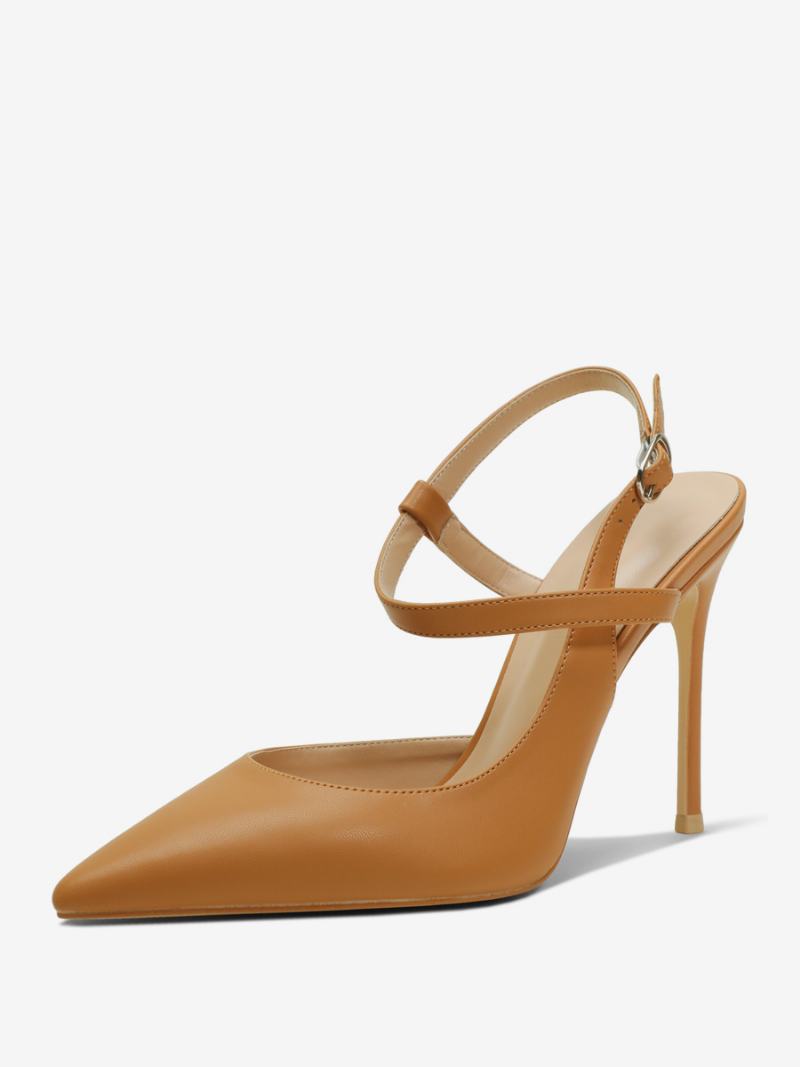 Γυναικείες Μαύρες Γόβες Με Μυτερό Slingback Ψηλοτάκουνα - Camel