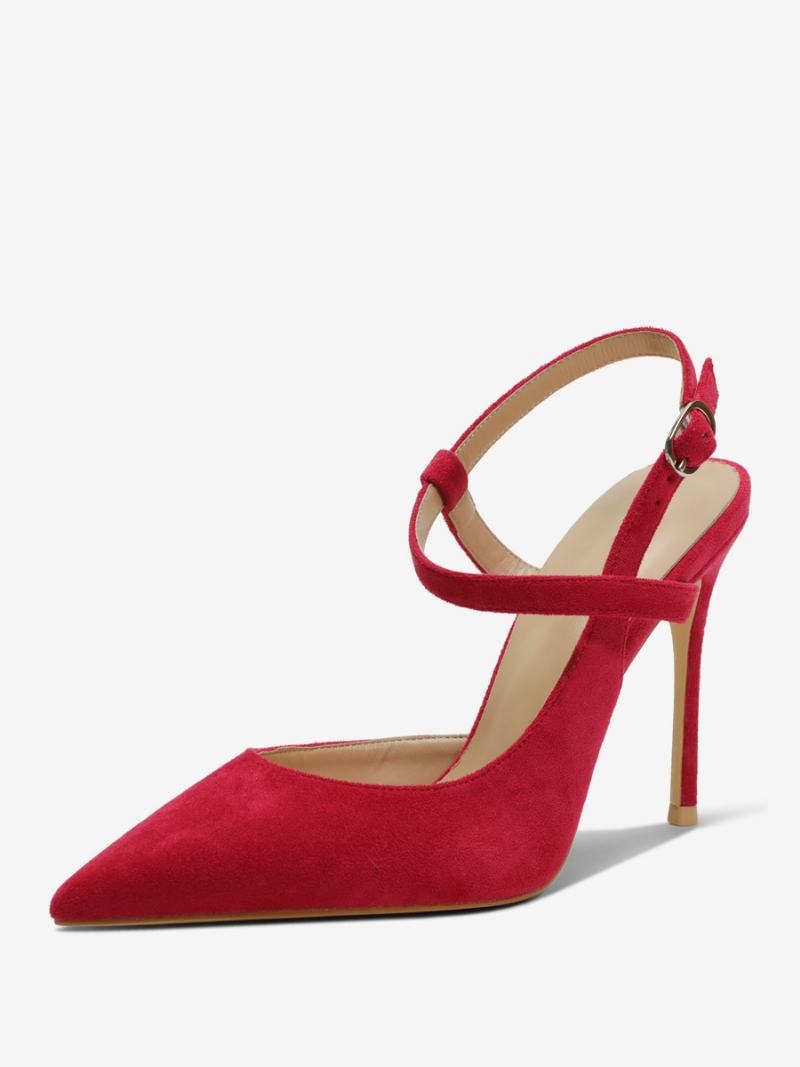 Γυναικείες Μαύρες Γόβες Με Μυτερό Slingback Ψηλοτάκουνα - Ture Red