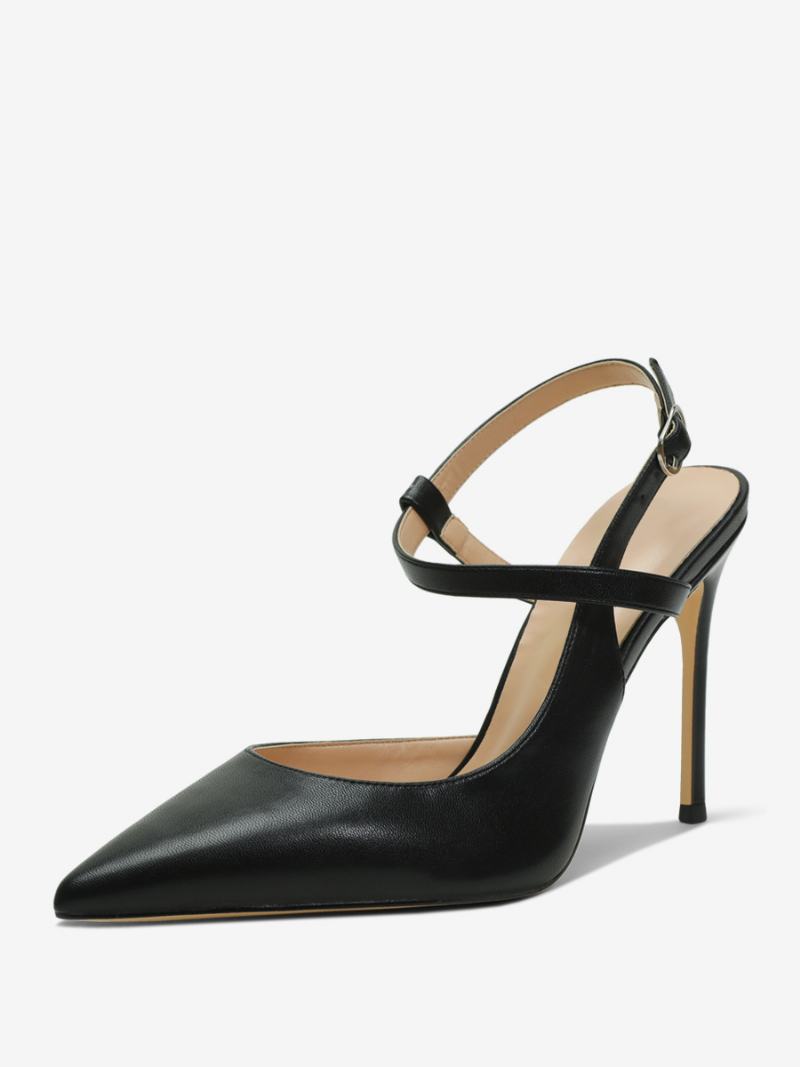 Γυναικείες Μαύρες Γόβες Με Μυτερό Slingback Ψηλοτάκουνα - Pu Μαύρο
