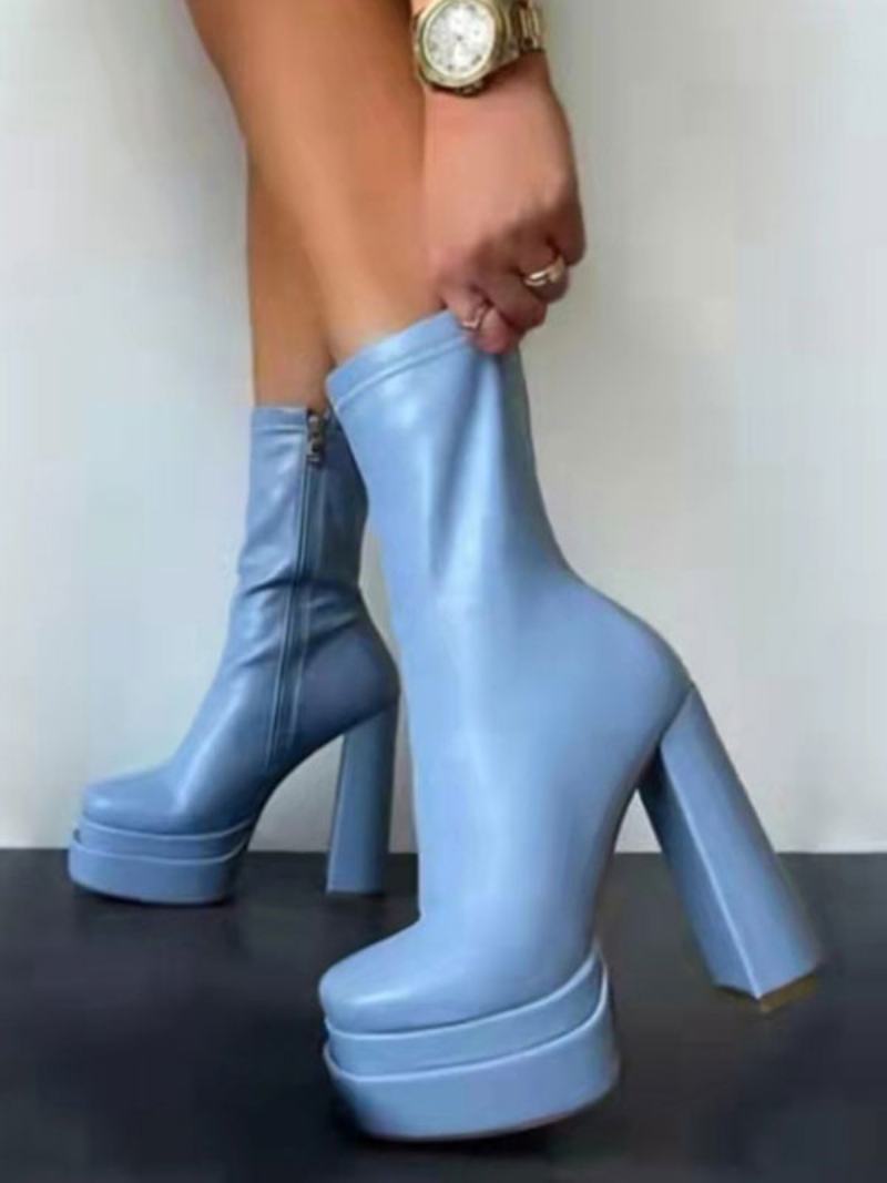 Γυναικείες Μπότες Mid Calf Patent Pu Άνω Πλατφόρμα Τετράγωνες Με Χοντρό Τακούνι - Ανοιχτό Μπλε Του Ουρανού