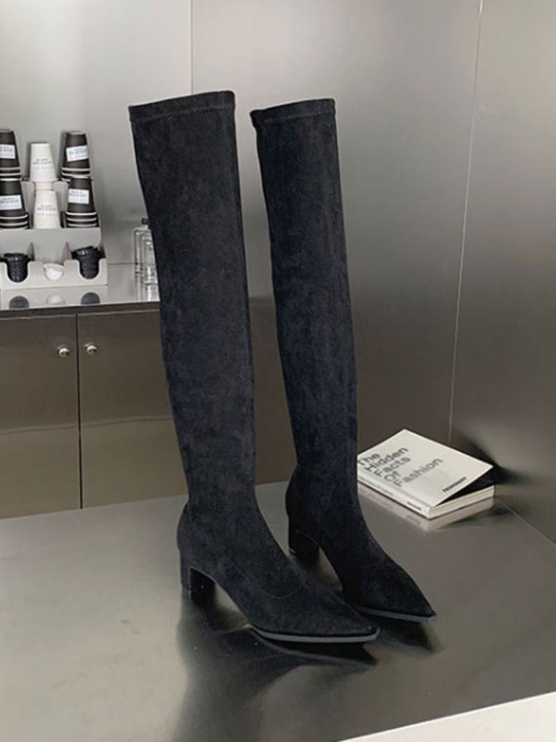 Γυναικείες Μπότες Με Χοντρό Τακούνι Micro Suede Στο Επάνω Μέρος Του Μηρού - Μαύρος