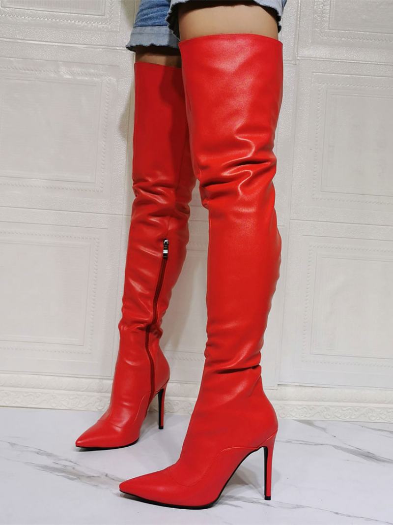 Γυναικείες Μπότες Πάνω Από Το Γόνατο Plus Size Stiletto Heel Pu Δερμάτινο Κόκκινο Ψηλό Μποτάκι - Το Κόκκινο