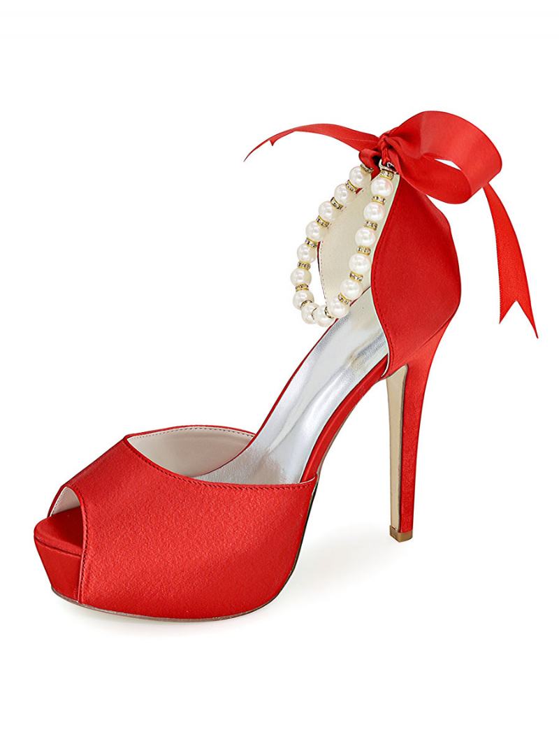 Γυναικείες Πέρλες Lace Up Πλατφόρμα Peep Toe Με Τακούνι Νυφικές Αντλίες - Κόκκινο 