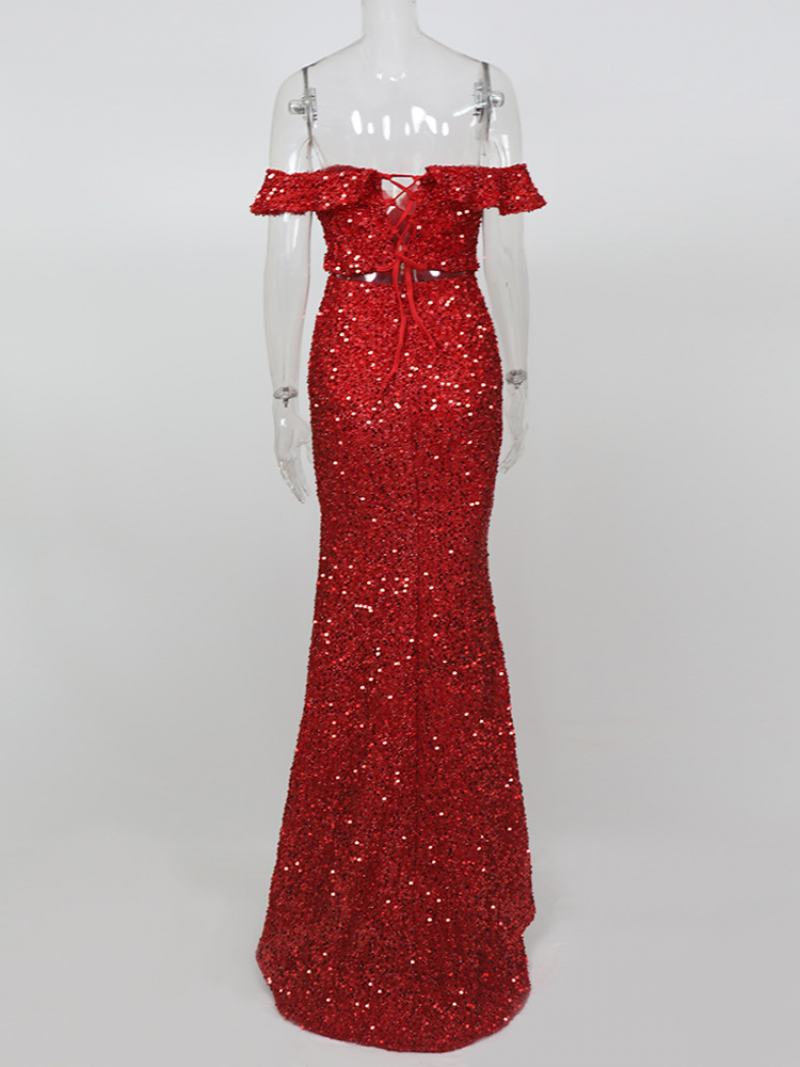 Γυναικείες Παγιέτες Maxi Dress Off The Shoulder High-slit Prom Birthday Party - Το Κόκκινο