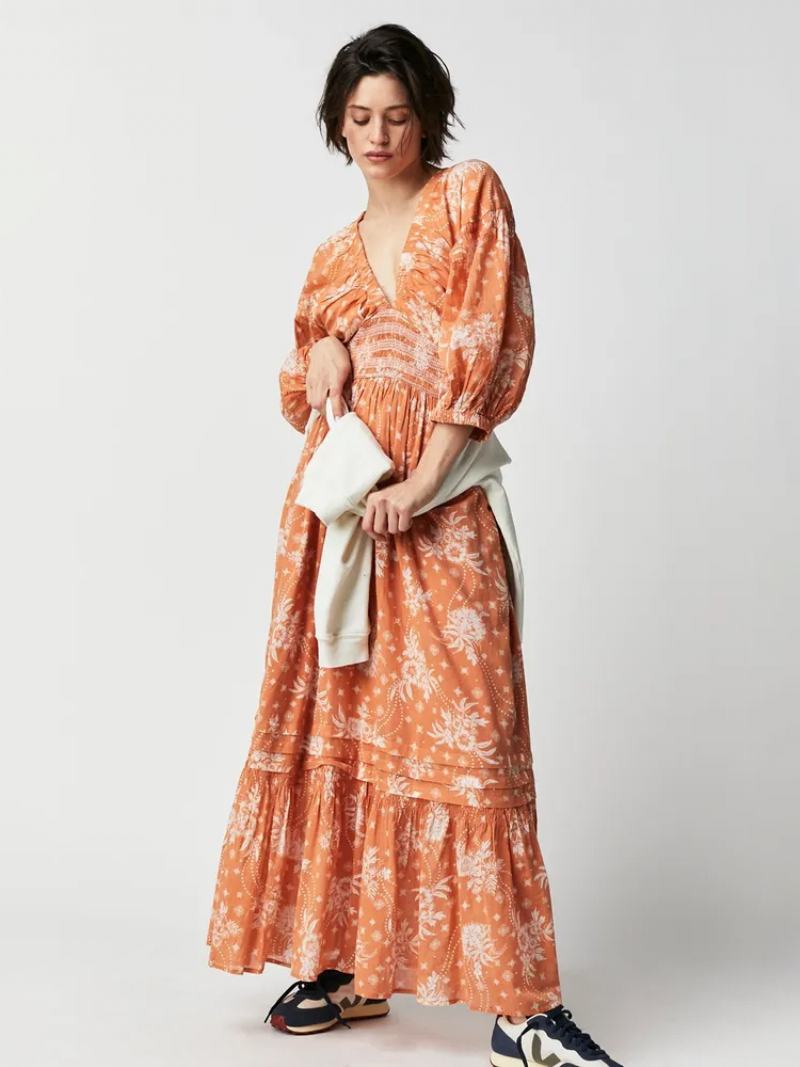 Γυναικείο Floral Φόρεμα Maxi Φορέματα Print Stretch Πλισέ V-λαιμόκοψη Μισά Μανίκια Χωρίς Ανοιχτή Ραφή Κομψό Καλοκαιρινό Μακρύ - Πορτοκαλί