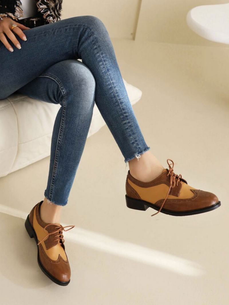 Γυναικείο Puppy Heel Pu Δερμάτινο Oxfords Με Στρογγυλό Δάχτυλο - Καφέ Καφέ