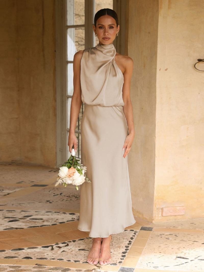 Γυναικείο Stain Midi Party Dress Halter Αμάνικο Φόρεμα Παράνυμφου Σε Μονόχρωμο
